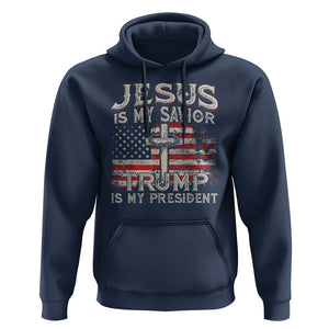 Christian Trump 2024 Hoodie Jesus Is My Savor Trump Is My President American Flag Cross TS02 Navy Print Your Wear