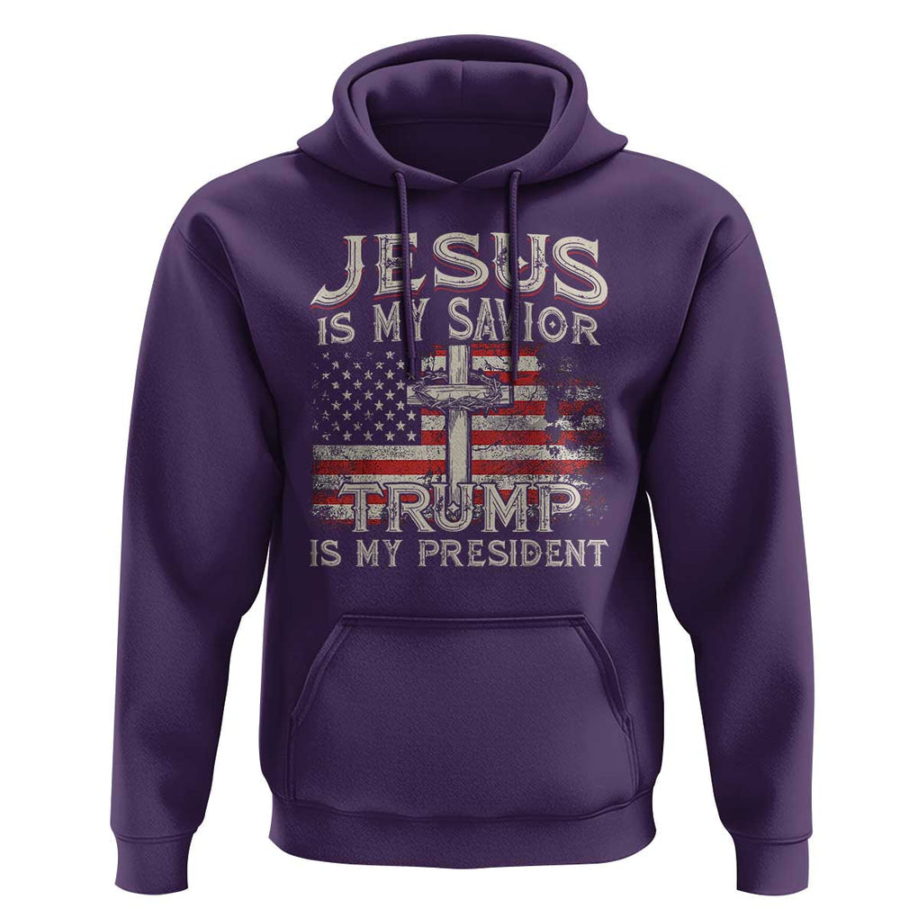Christian Trump 2024 Hoodie Jesus Is My Savor Trump Is My President American Flag Cross TS02 Purple Print Your Wear