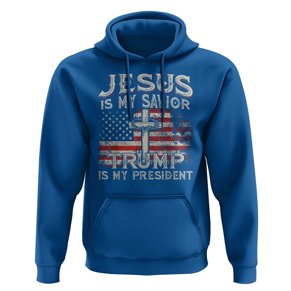 Christian Trump 2024 Hoodie Jesus Is My Savor Trump Is My President American Flag Cross TS02 Royal Blue Print Your Wear