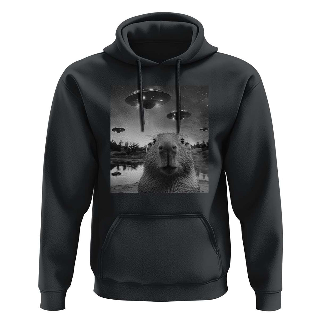 Funny Capybara Hoodie Selfie With UFOs Capy Meme Graphic TS02 Black Print Your Wear
