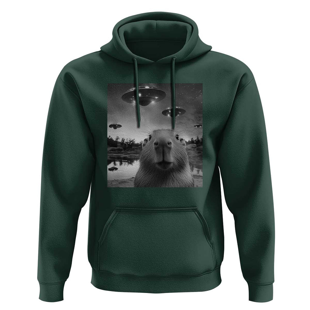 Funny Capybara Hoodie Selfie With UFOs Capy Meme Graphic TS02 Dark Forest Green Print Your Wear