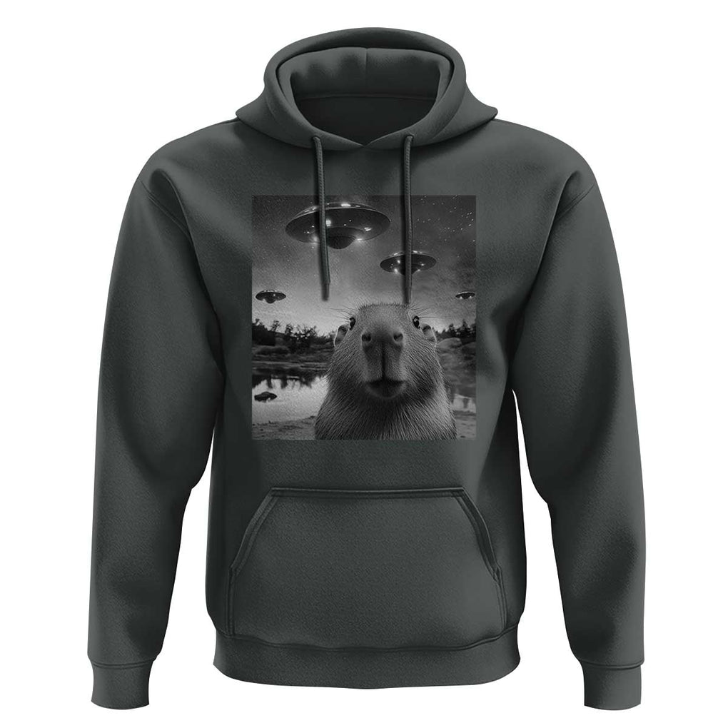 Funny Capybara Hoodie Selfie With UFOs Capy Meme Graphic TS02 Dark Heather Print Your Wear