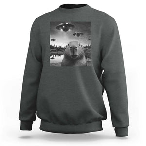 Funny Capybara Sweatshirt Selfie With UFOs Capy Meme Graphic TS02 Dark Heather Print Your Wear