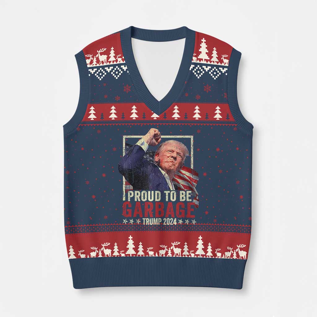 Garbage For Trump 2024 V-Neck Knit Sweater Vest Proud To Be Garbage Donald Raised Fist TS02 Navy Red Print Your Wear