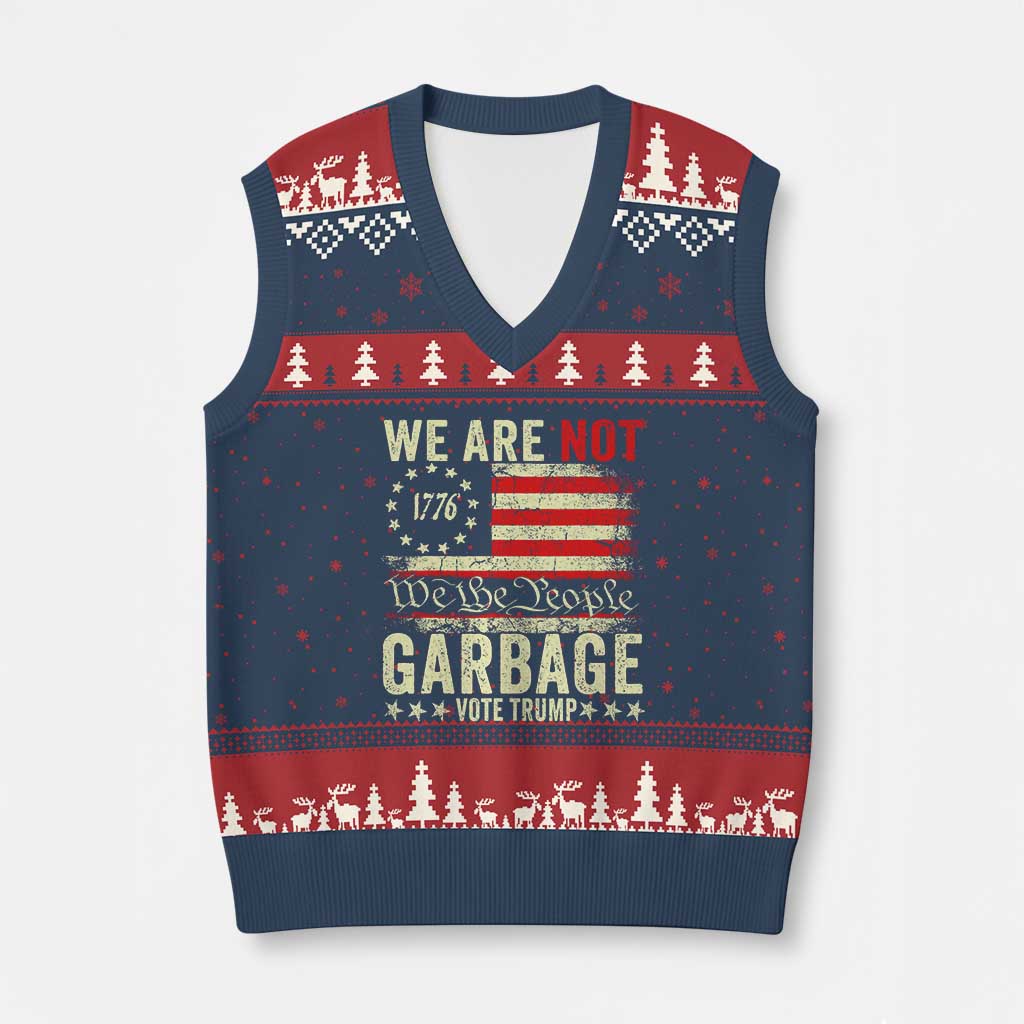 Garbage For Trump 2024 V-Neck Knit Sweater Vest We Are Not Garbage We The People American Flag TS02 Navy Red Print Your Wear