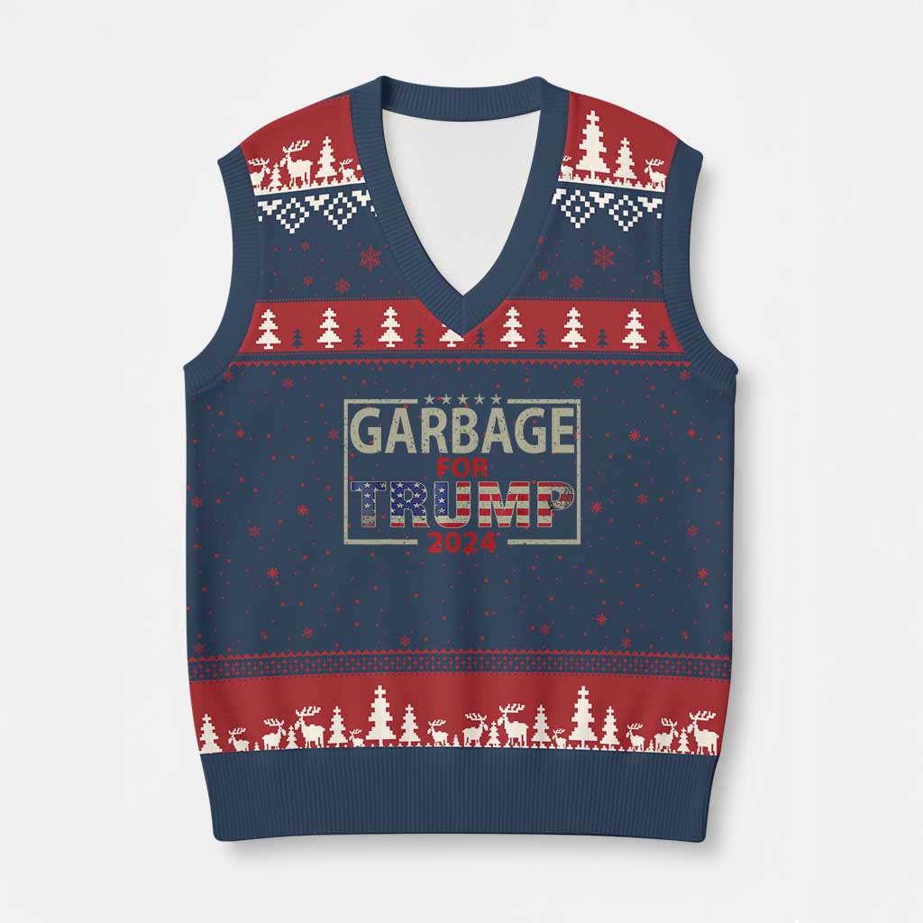 Garbage For Trump 2024 V-Neck Knit Sweater Vest 47th President American Flag TS02 Navy Red Print Your Wear