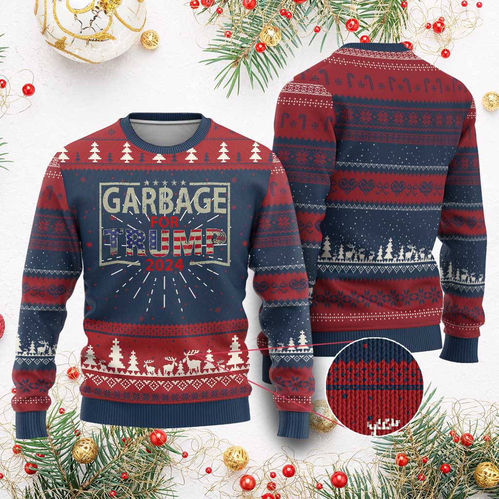 Garbage For Trump 2024 Ugly Christmas Sweater 47th President American Flag TS02 Burgundy Print Your Wear