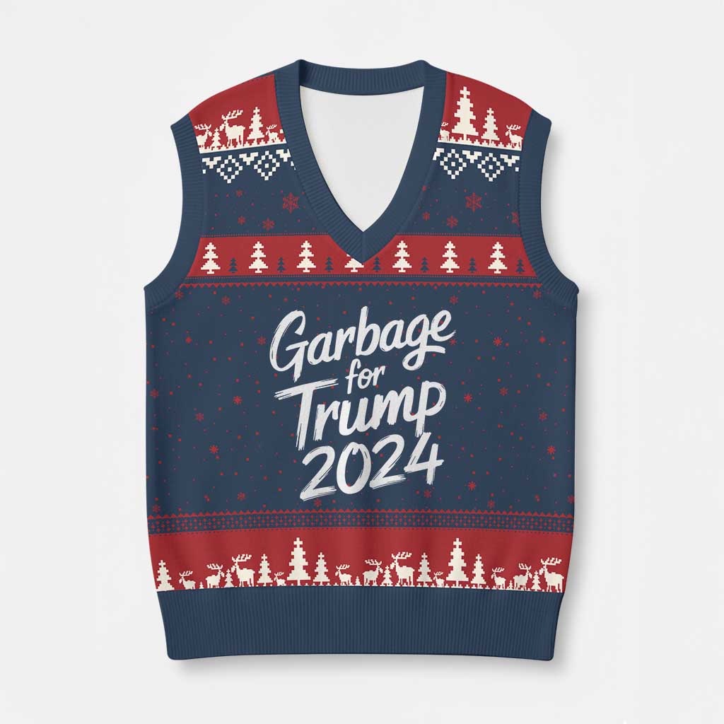 Garbage For Trump 2024 V-Neck Knit Sweater Vest We Are Not Garbage Vote Trump TS02 Navy Red Print Your Wear