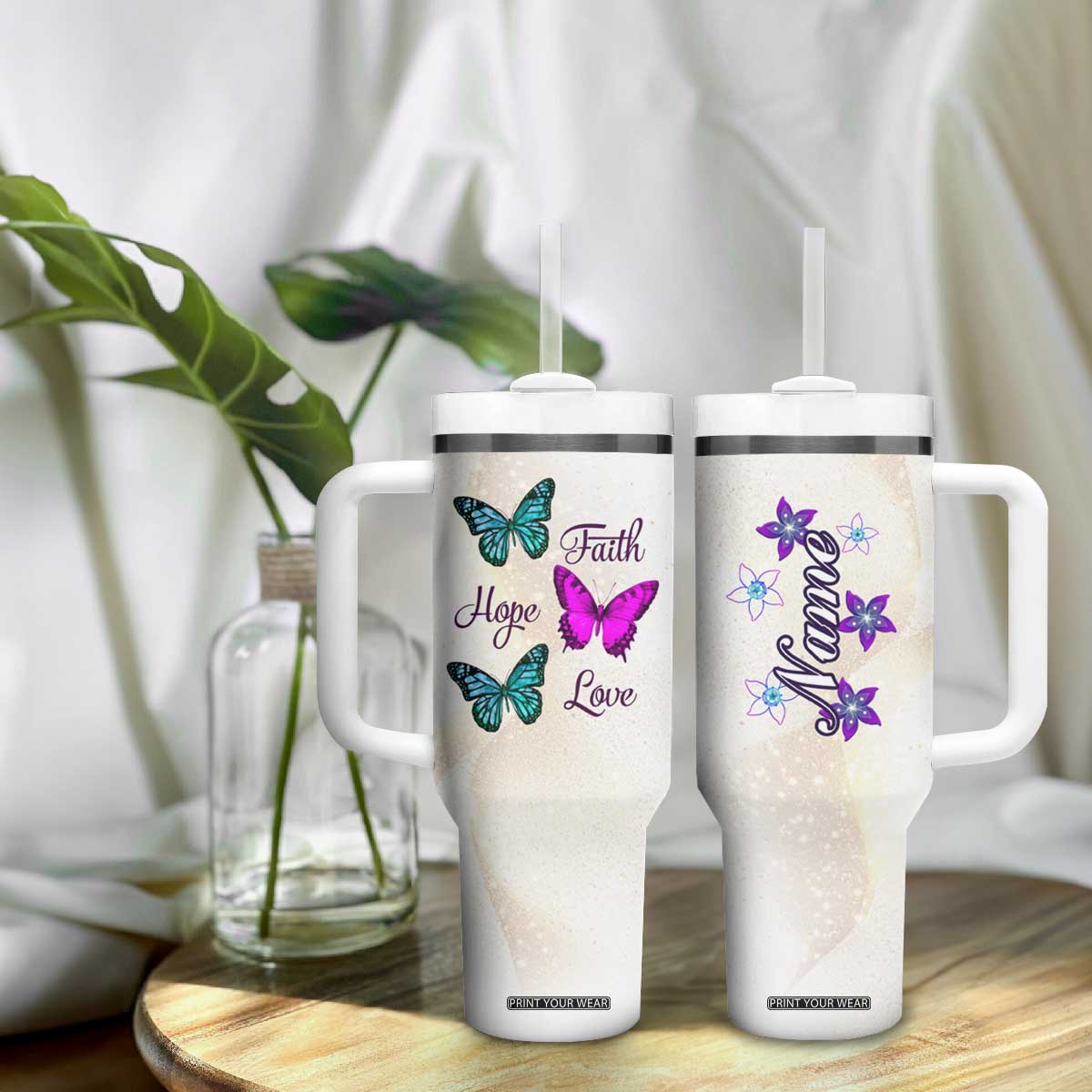 Faith Hope Love Butterfly Tumbler With Handle Personalized TS04 Print Your Wear