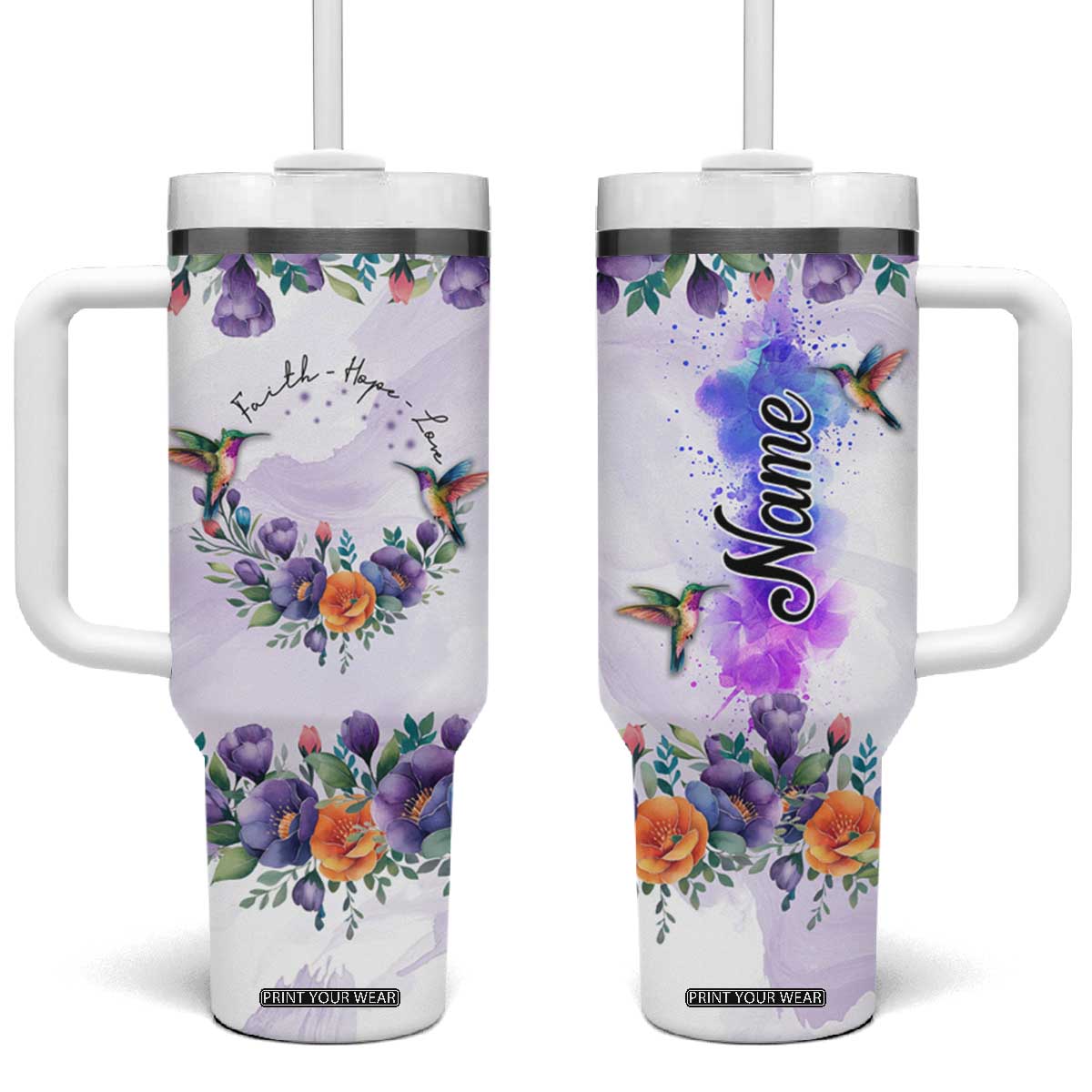 Hummingbird Faith Personalized Tumbler With Handle Personalized TS04 One Size: 40 oz Multicolor Print Your Wear