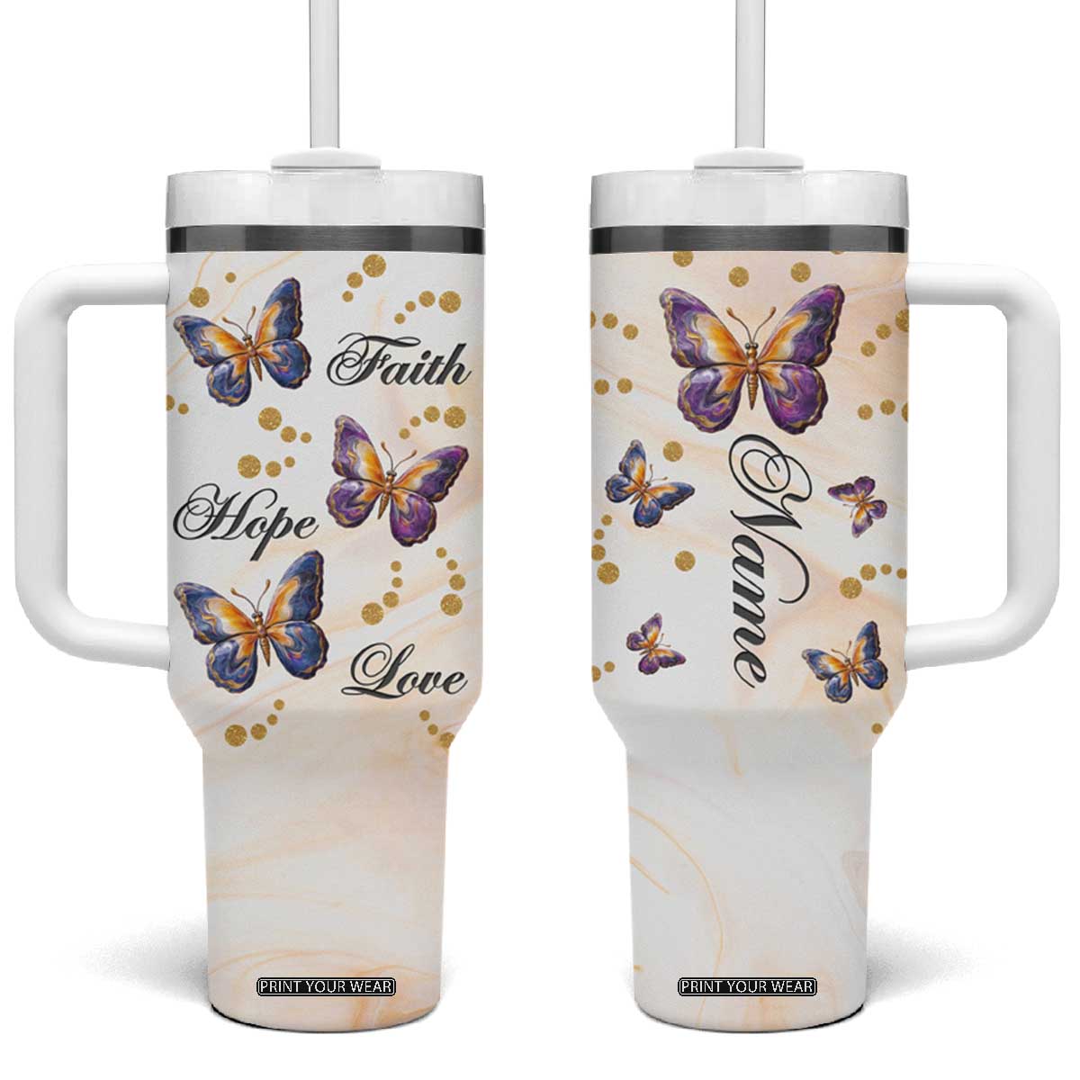 Butterfly Faith Hope Love Tumbler With Handle Personalized TS04 One Size: 40 oz Multicolor Print Your Wear