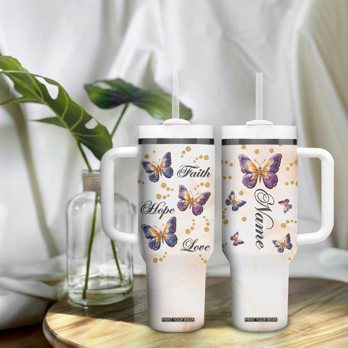 Butterfly Faith Hope Love Tumbler With Handle Personalized TS04 Print Your Wear