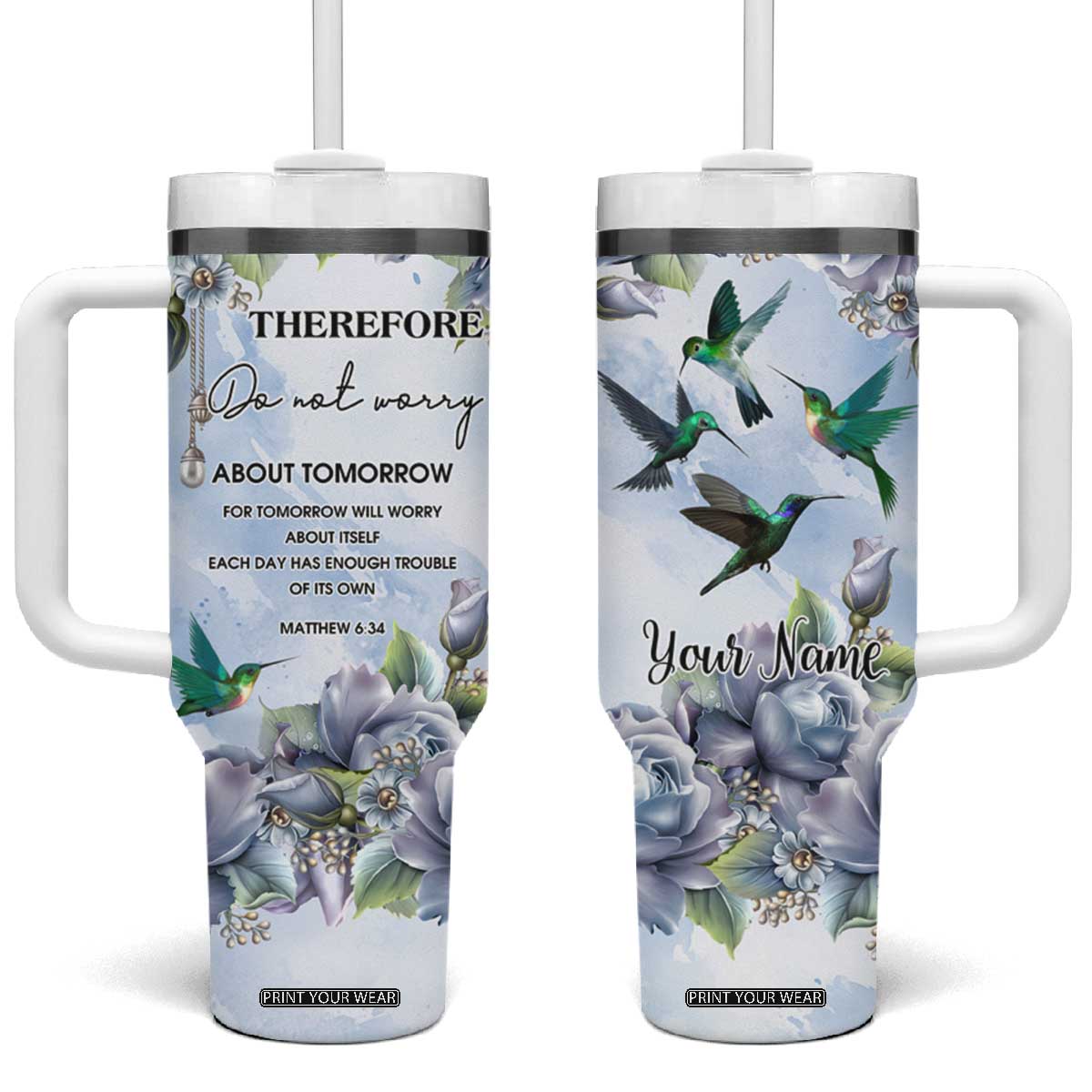 Hummingbird Faith Tumbler With Handle Personalized TS04 One Size: 40 oz Multicolor Print Your Wear