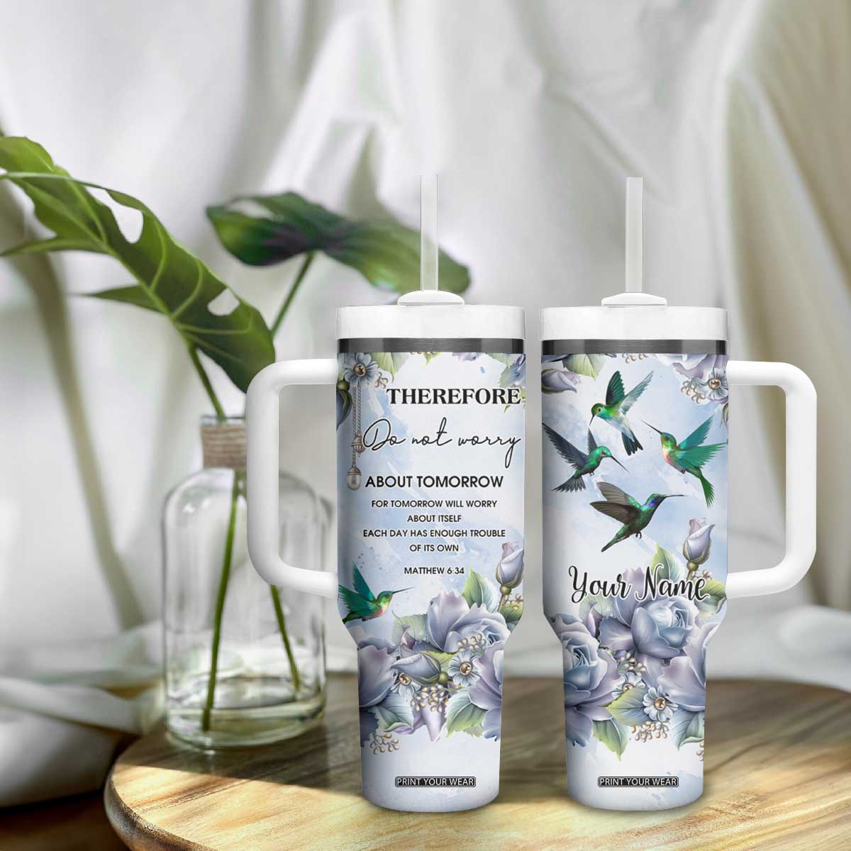 Hummingbird Faith Tumbler With Handle Personalized TS04 Print Your Wear
