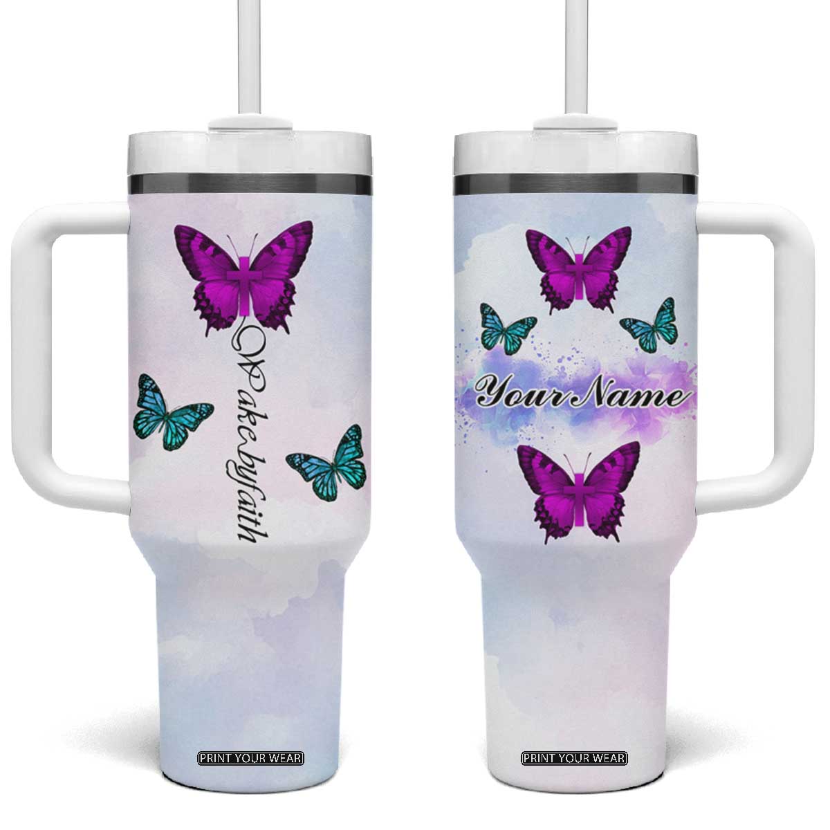 Walk By Faith Butterfly Tumbler With Handle Personalized TS04 One Size: 40 oz Multicolor Print Your Wear