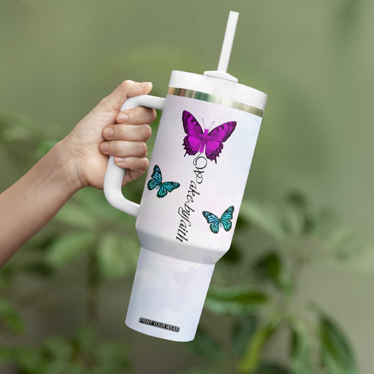 Walk By Faith Butterfly Tumbler With Handle Personalized TS04 Print Your Wear