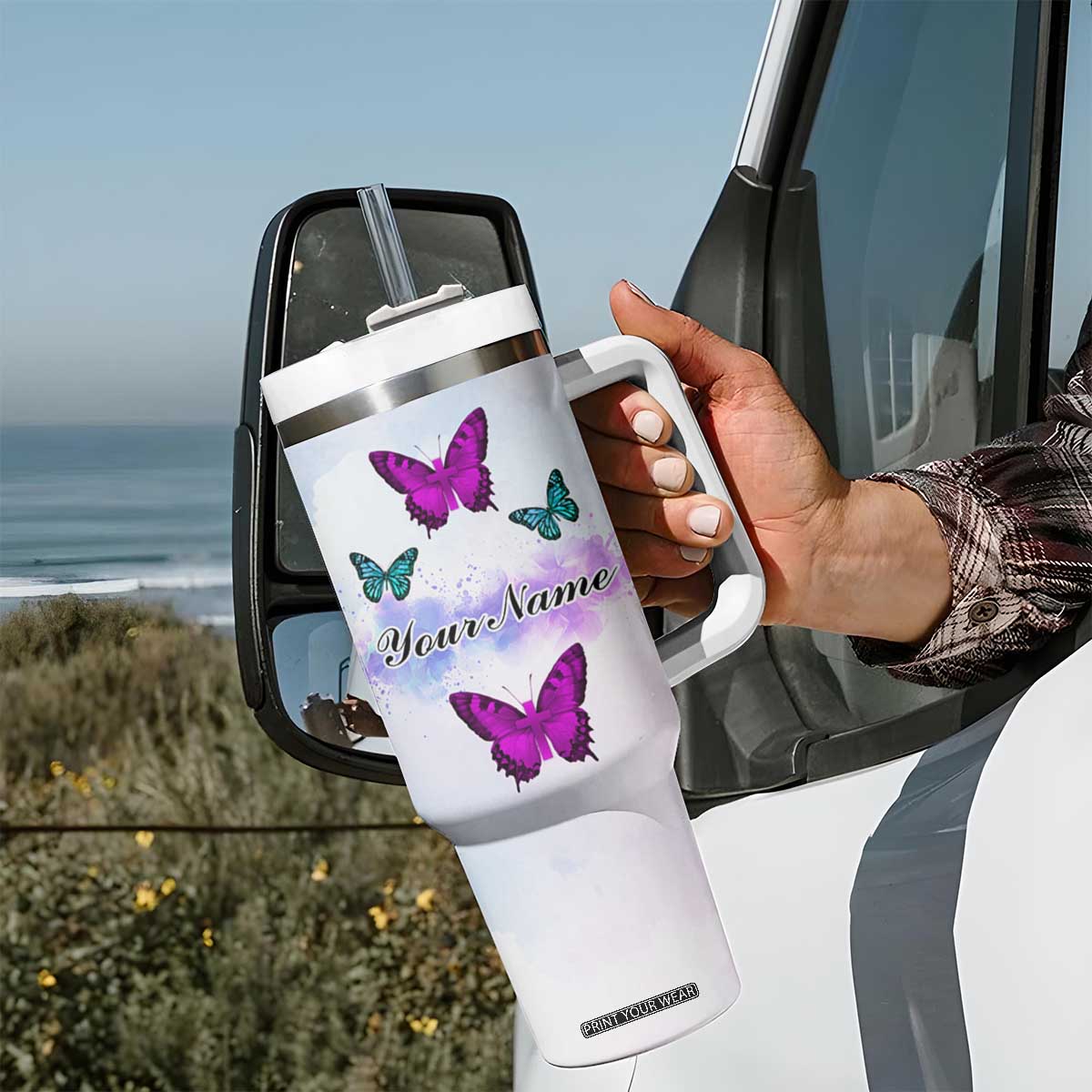 Walk By Faith Butterfly Tumbler With Handle Personalized TS04 Print Your Wear