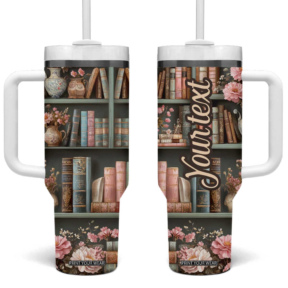 Bookshelf Floral Pattern Tumbler With Handle Personalized TS04 One Size: 40 oz Multicolor Print Your Wear