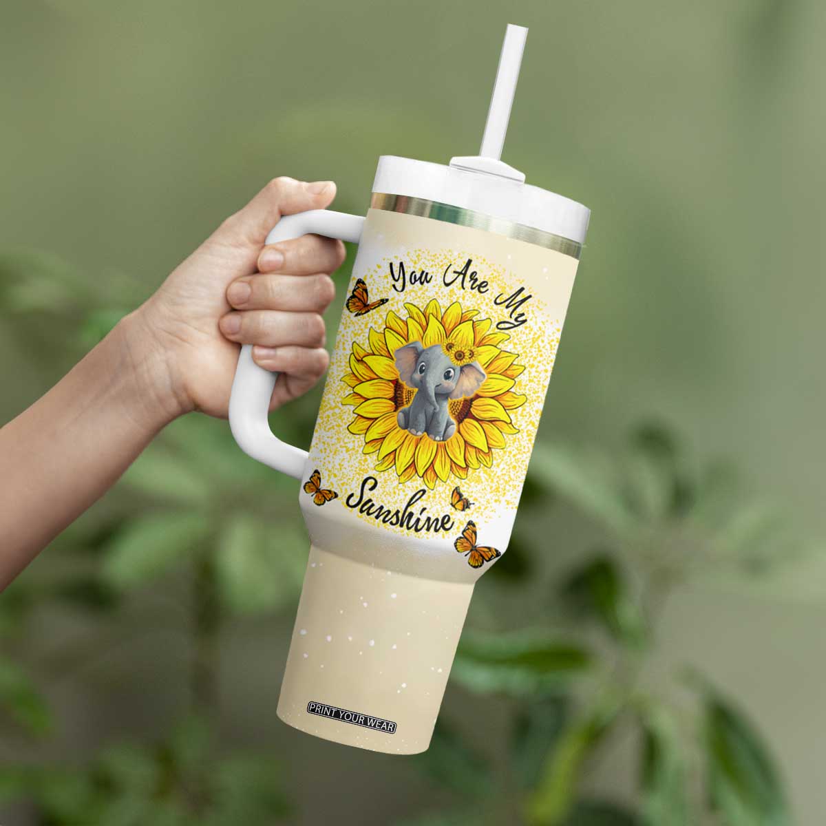 You Are My Sunshine Elephant Sunflower Tumbler With Handle Personalized TS04 Print Your Wear