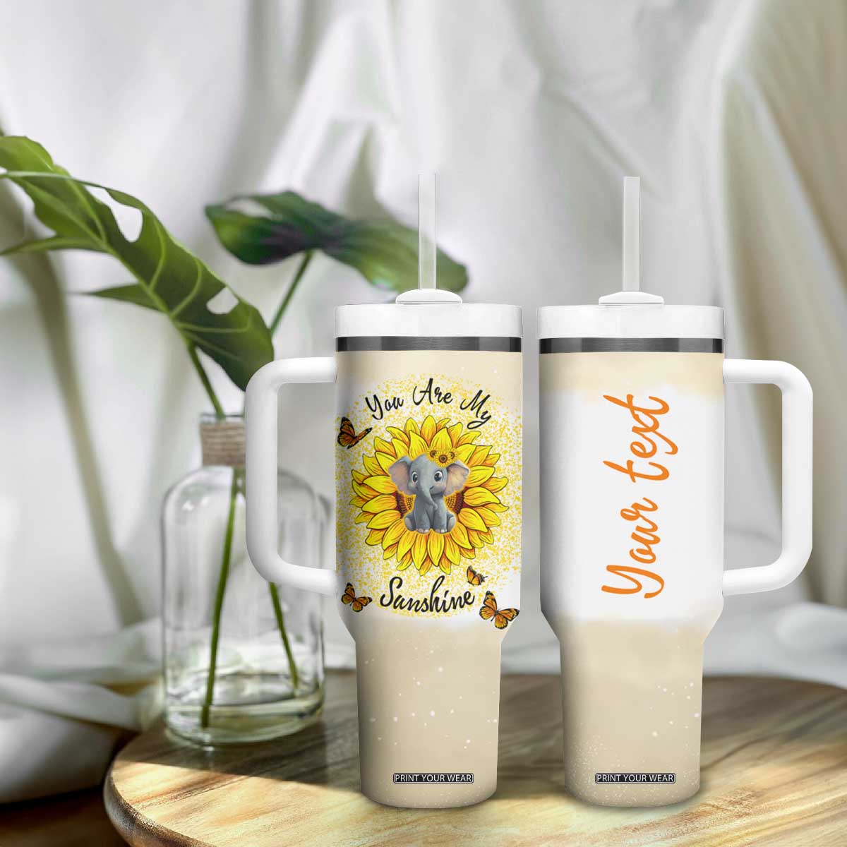 You Are My Sunshine Elephant Sunflower Tumbler With Handle Personalized TS04 Print Your Wear