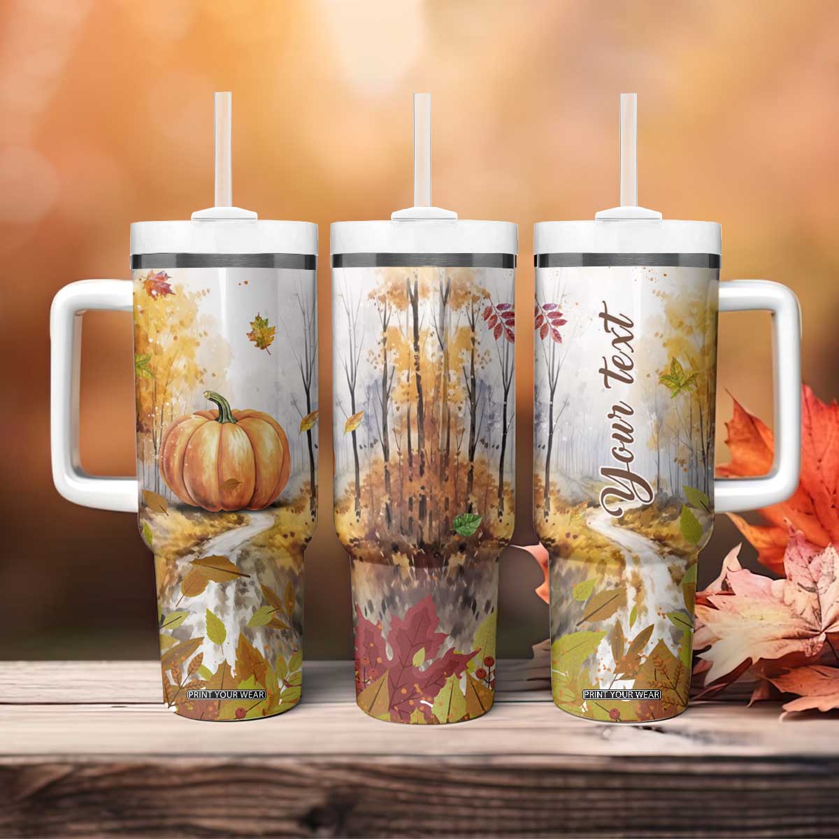 Pumpkin Autumn Leaves Personalized Tumbler With Handle TS04 Print Your Wear