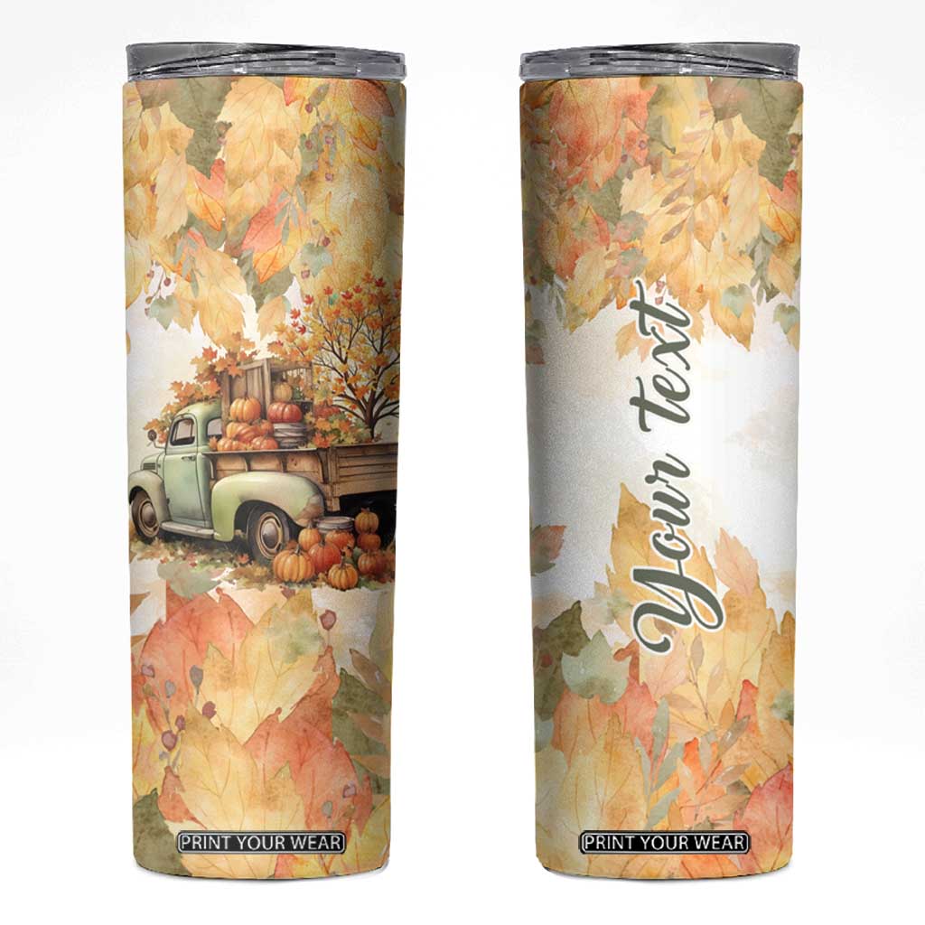 Pumkins Truck - Autumn Leaves Watercolor Personalized Skinny Tumbler TS04 Multicolor Print Your Wear
