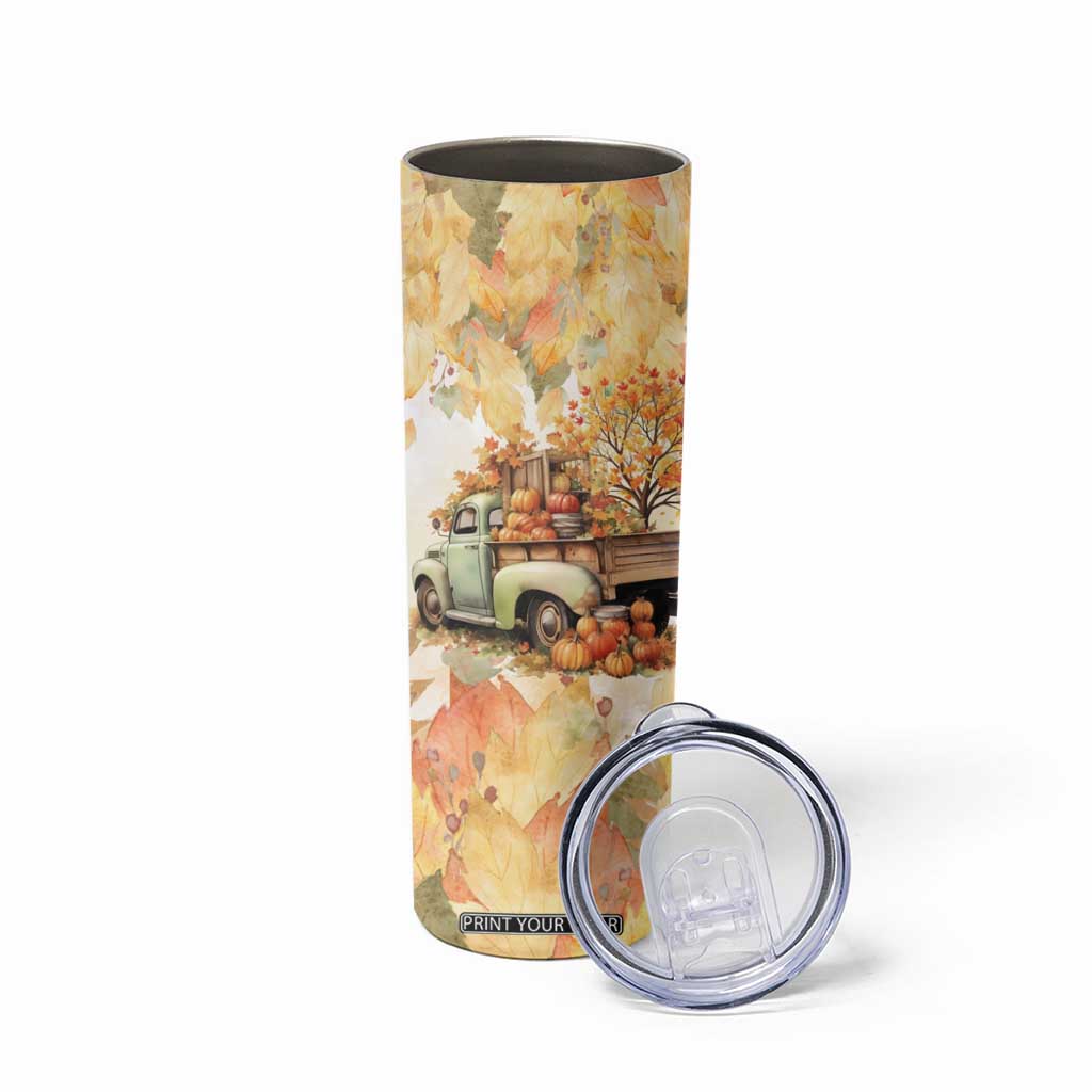 Pumkins Truck - Autumn Leaves Watercolor Personalized Skinny Tumbler TS04 Print Your Wear