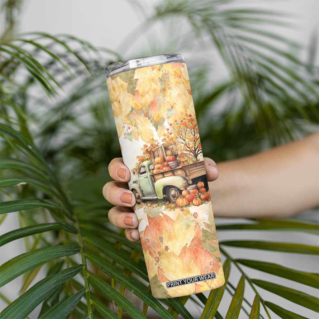 Pumkins Truck - Autumn Leaves Watercolor Personalized Skinny Tumbler TS04 Print Your Wear