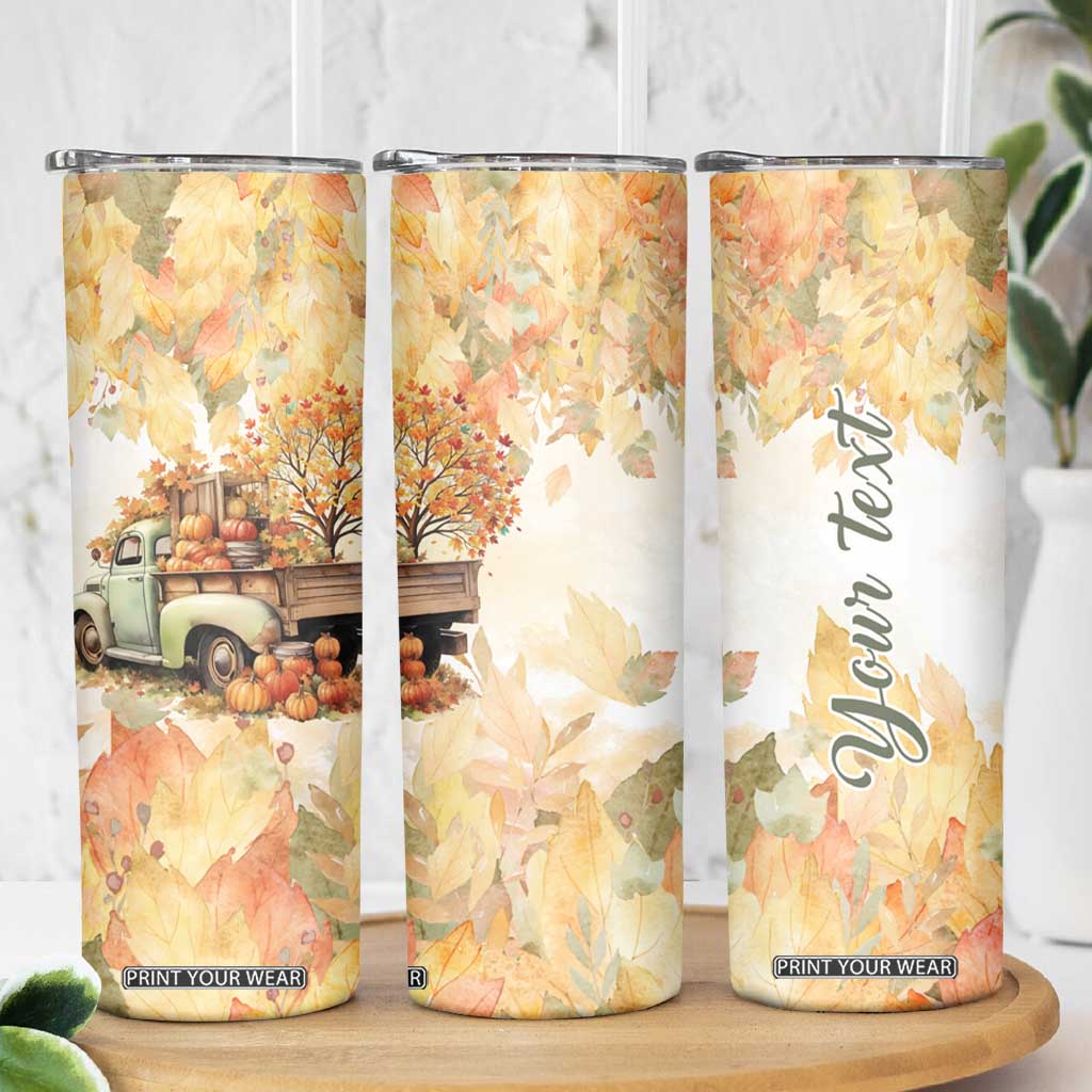 Pumkins Truck - Autumn Leaves Watercolor Personalized Skinny Tumbler TS04 Print Your Wear