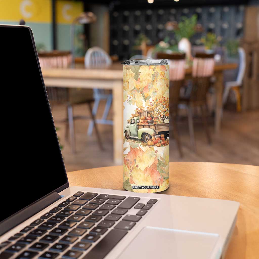 Pumkins Truck - Autumn Leaves Watercolor Personalized Skinny Tumbler TS04 Print Your Wear