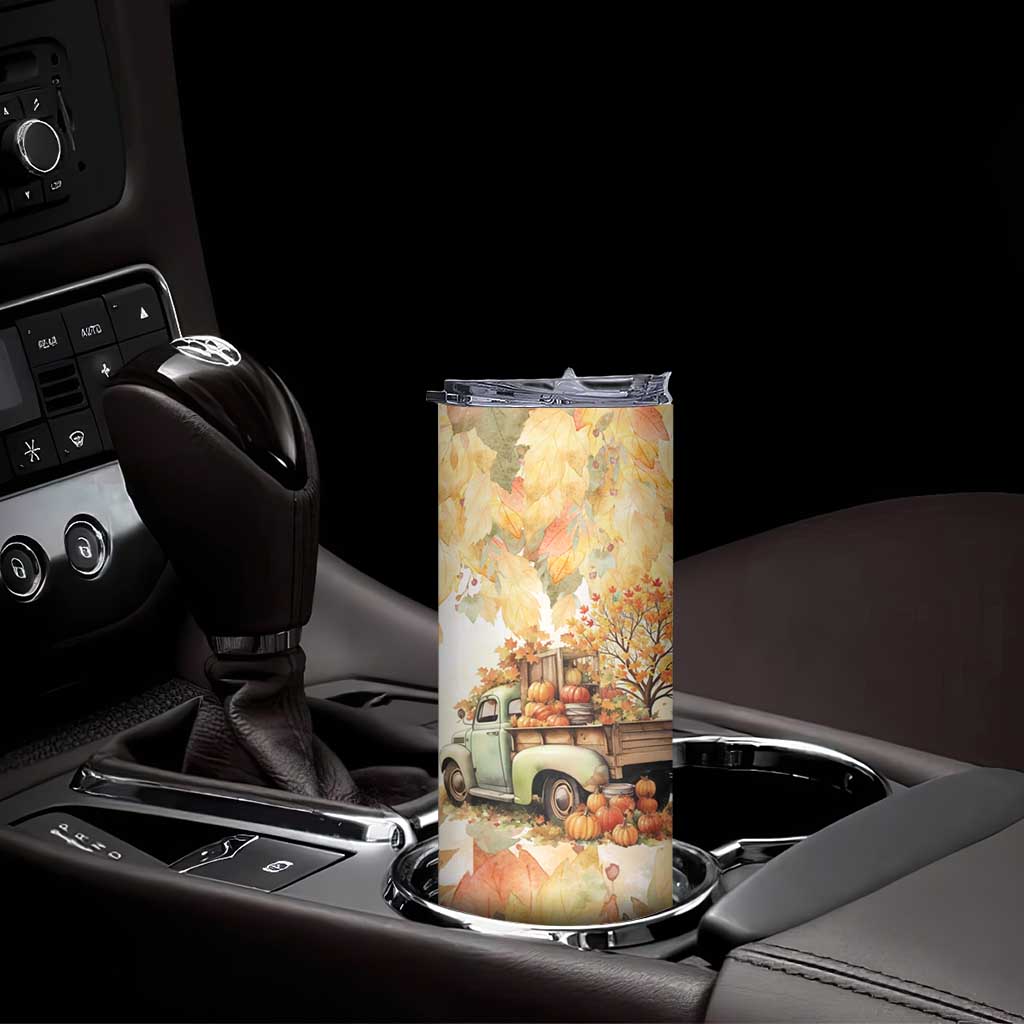 Pumkins Truck - Autumn Leaves Watercolor Personalized Skinny Tumbler TS04 Print Your Wear