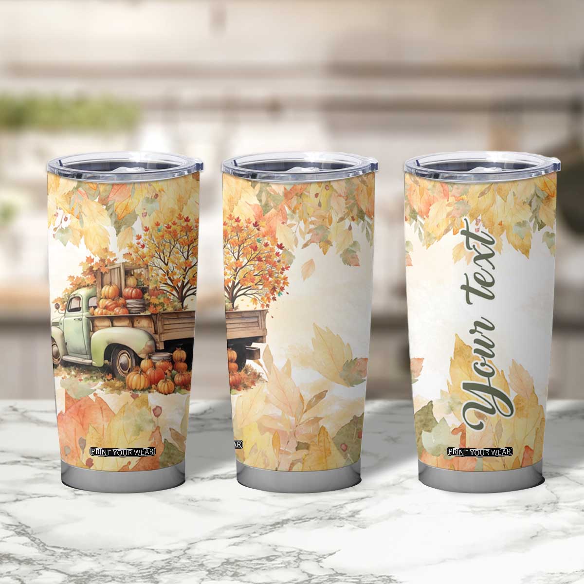Pumkins Truck - Autumn Leaves Watercolor Personalized Tumbler Cup TS04 Print Your Wear