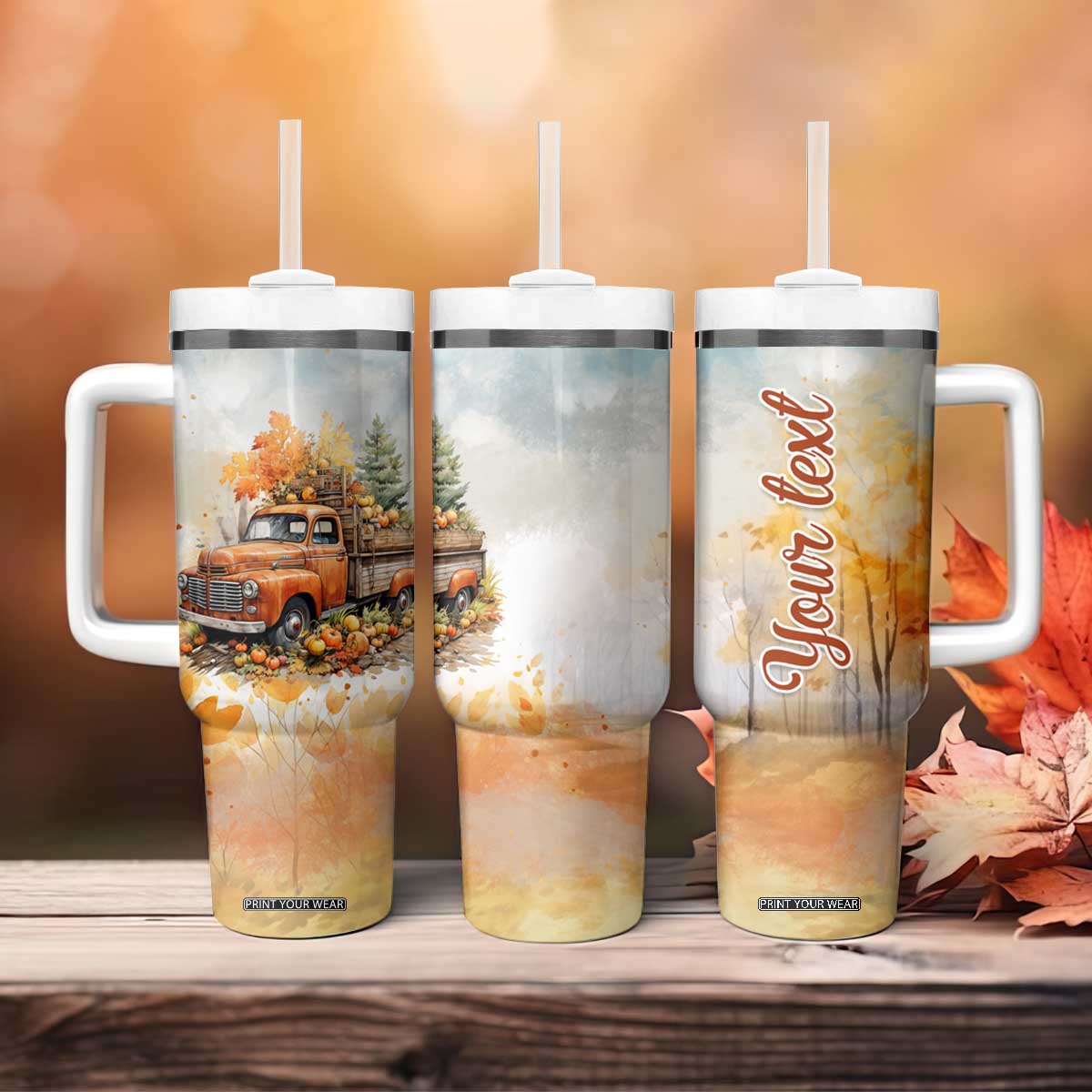 Autumn - Pumkin Truck and Leaves Personalized Tumbler With Handle TS04 Print Your Wear