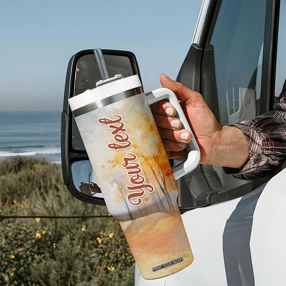 Autumn - Pumkin Truck and Leaves Personalized Tumbler With Handle TS04 Print Your Wear