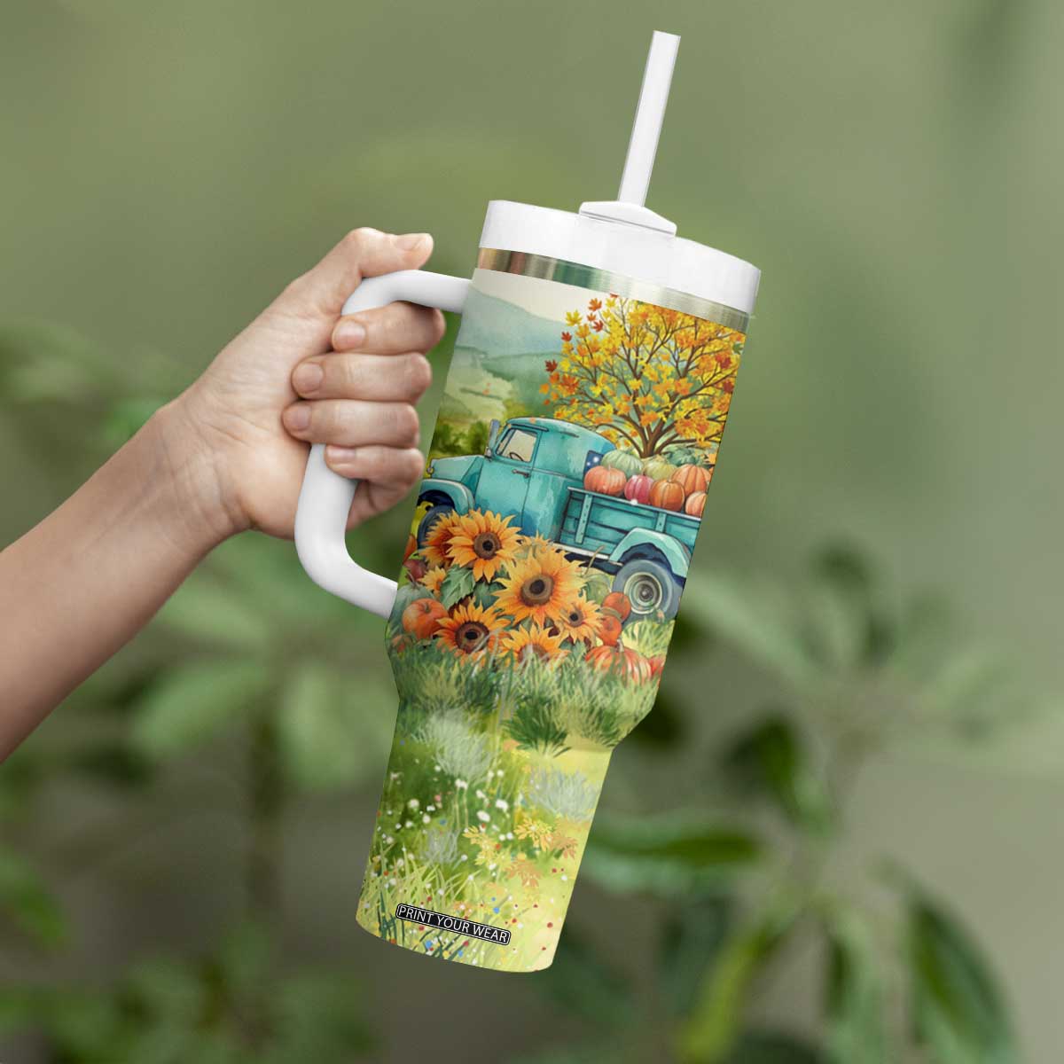 Autumn Sunflower - Pumpkin Truck Personalized Tumbler With Handle TS04 Print Your Wear
