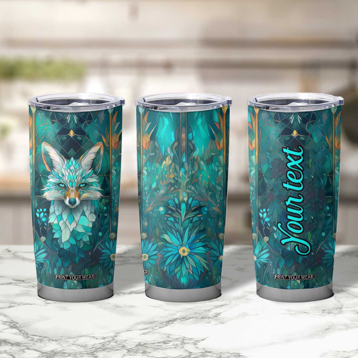 Fox Aquamarine Crystal Mosaic Tumbler Cup Personalized TS04 Print Your Wear