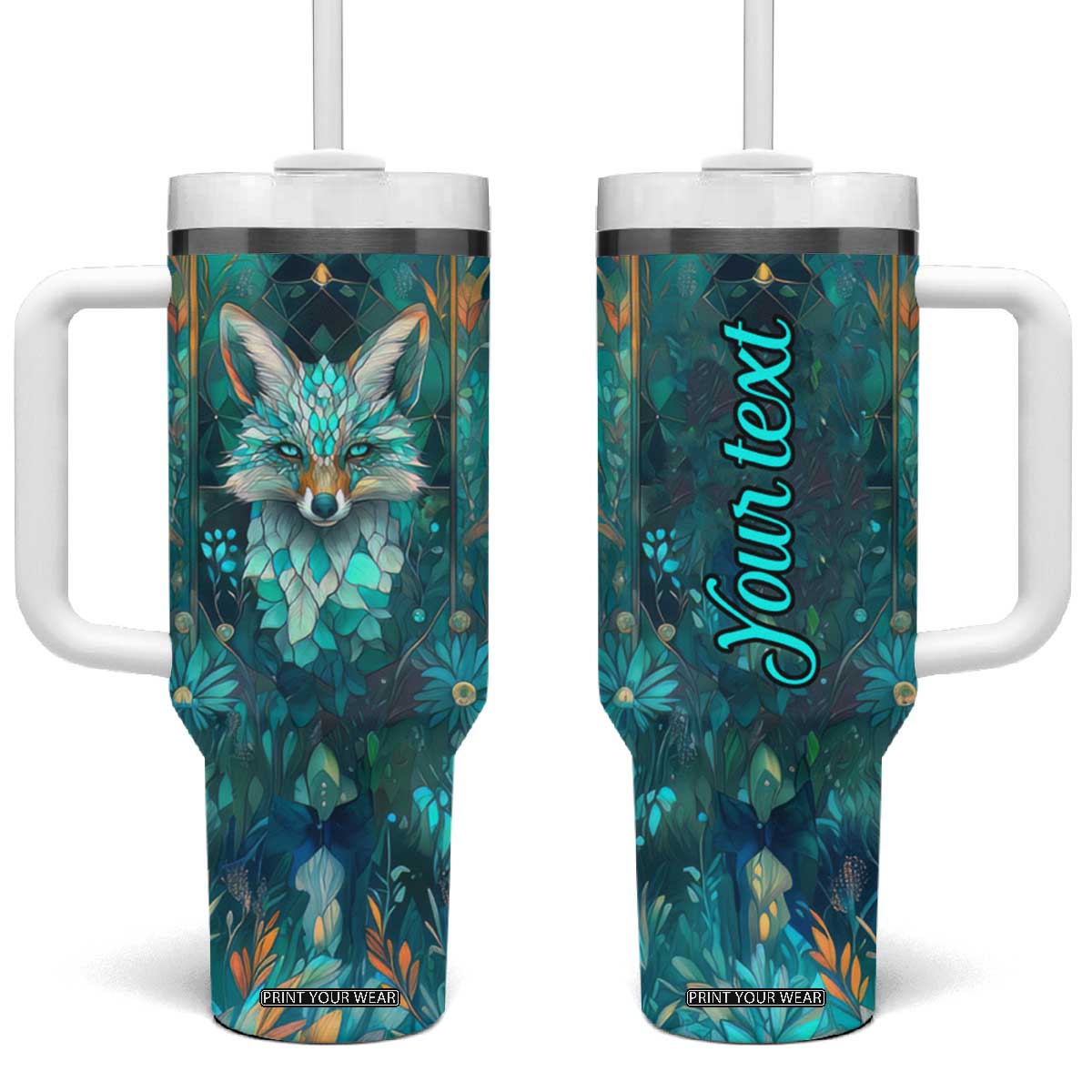 Fox Aquamarine Crystal Mosaic Tumbler With Handle Personalized TS04 One Size: 40 oz Multicolor Print Your Wear