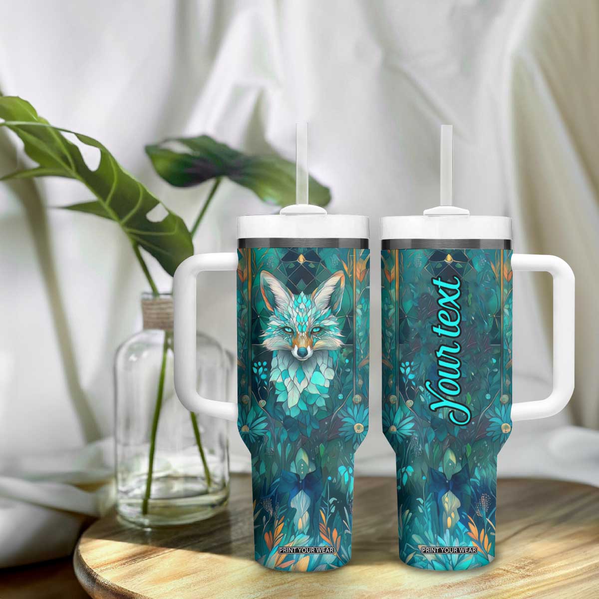 Fox Aquamarine Crystal Mosaic Tumbler With Handle Personalized TS04 Print Your Wear