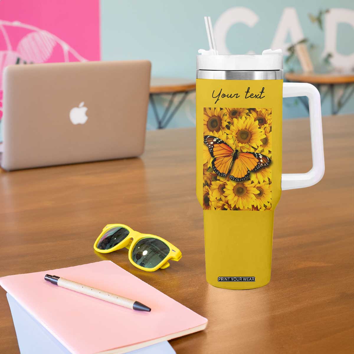 Butterfly Sunflower Tumbler With Handle Personalized TS04 Print Your Wear