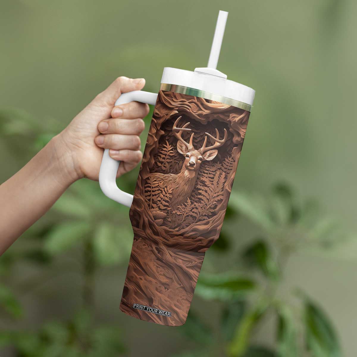 Deer Wooden Carving Tumbler With Handle Personalized TS04 Print Your Wear