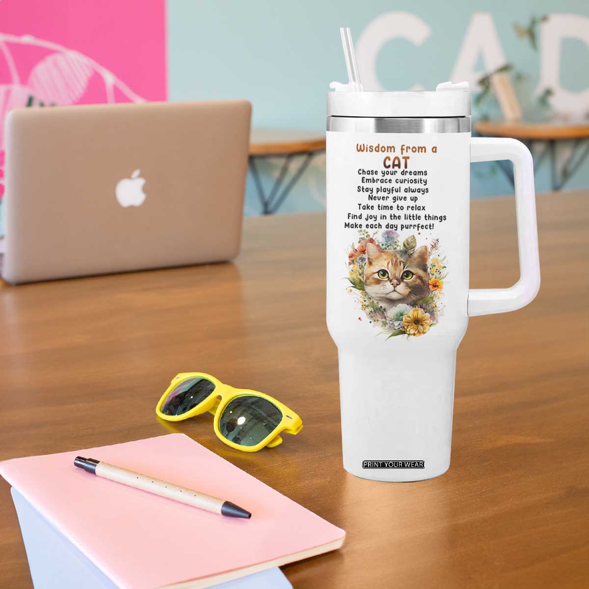 Wisdom From A Cat Tumbler With Handle Personalized TS04 Print Your Wear