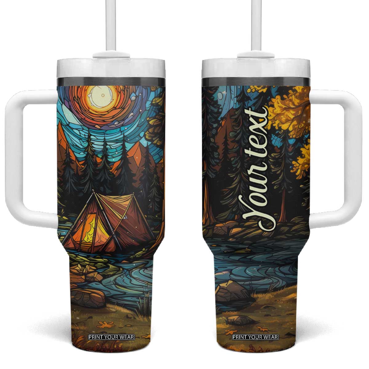 Camping Stained Glass Tumbler With Handle Personalized TS04 One Size: 40 oz Multicolor Print Your Wear