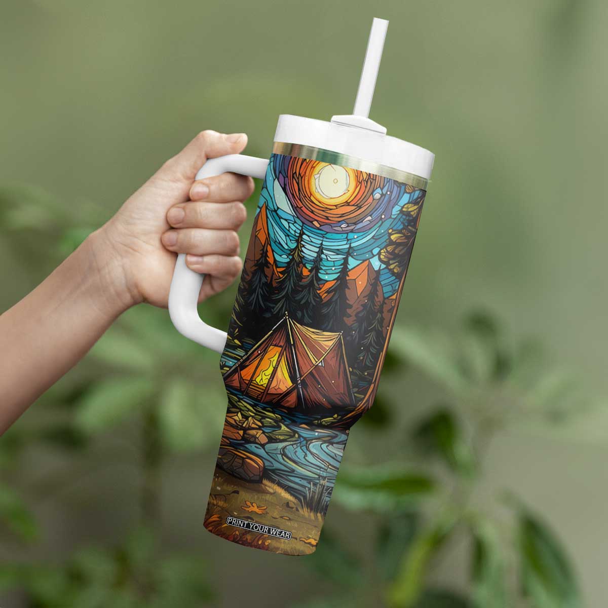 Camping Stained Glass Tumbler With Handle Personalized TS04 Print Your Wear
