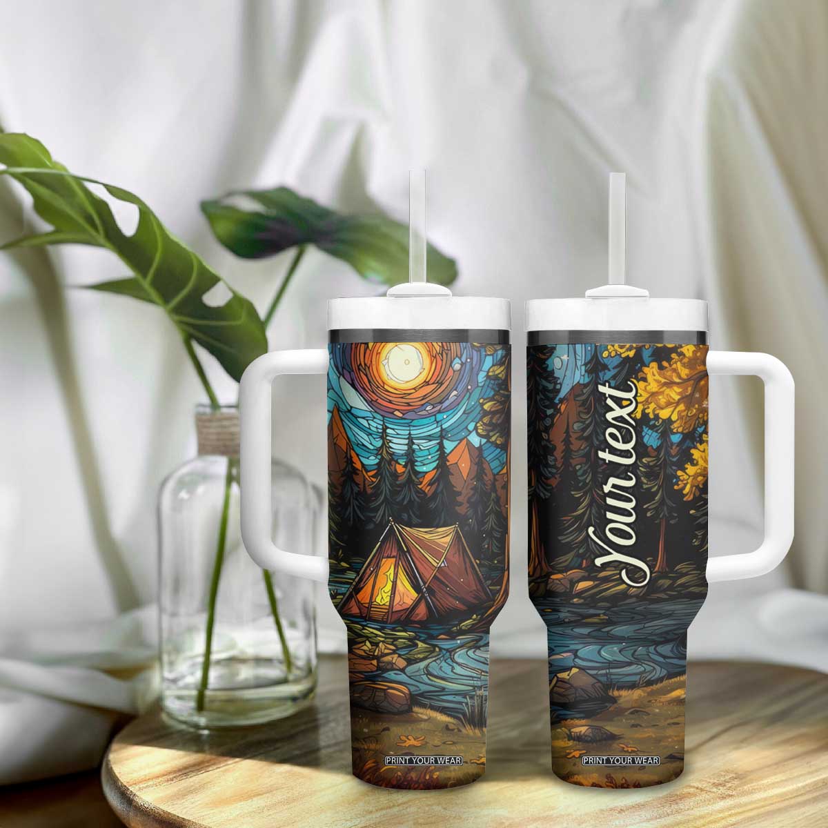 Camping Stained Glass Tumbler With Handle Personalized TS04 Print Your Wear