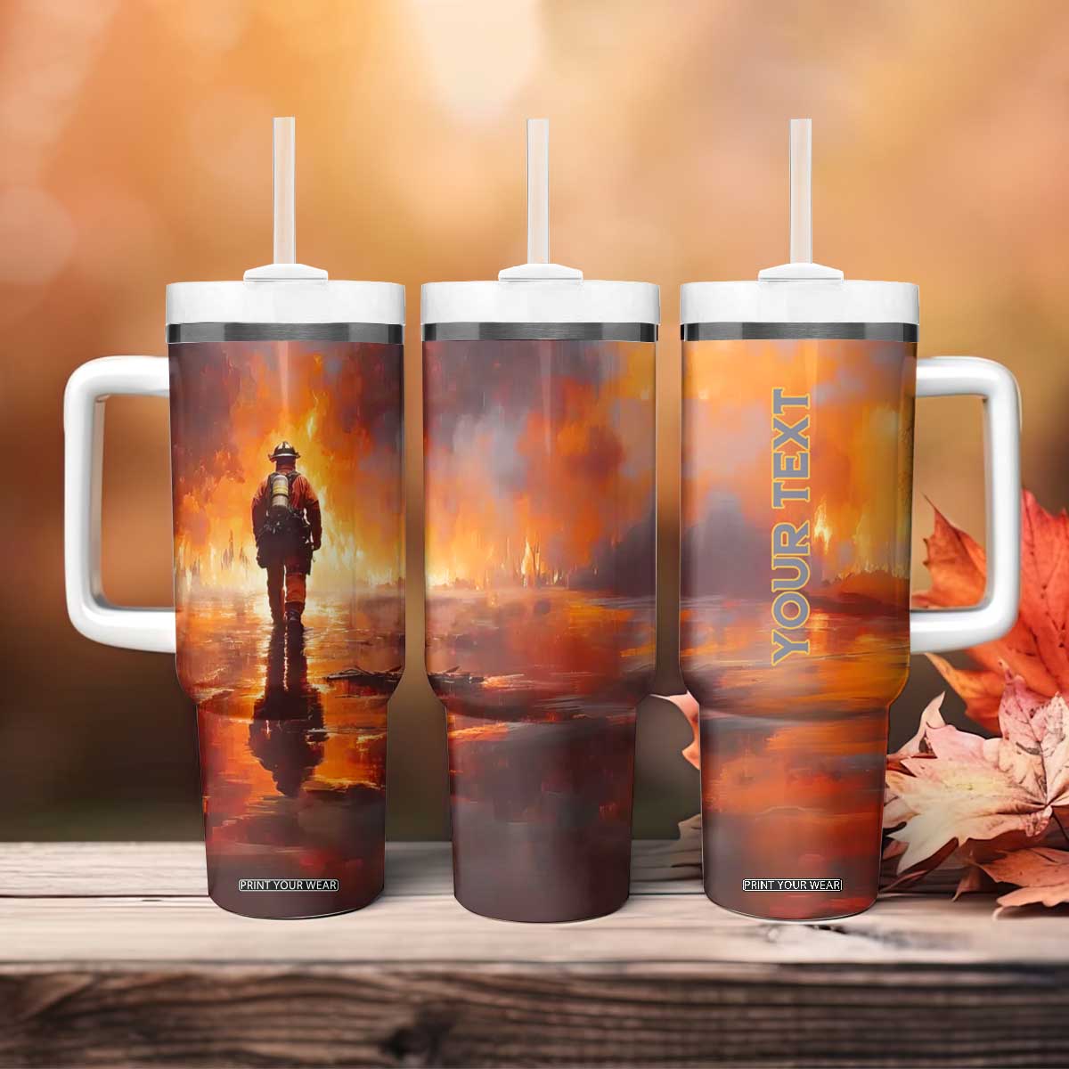 Firefighter Walking Through Fire Tumbler With Handle Personalized TS04 Print Your Wear