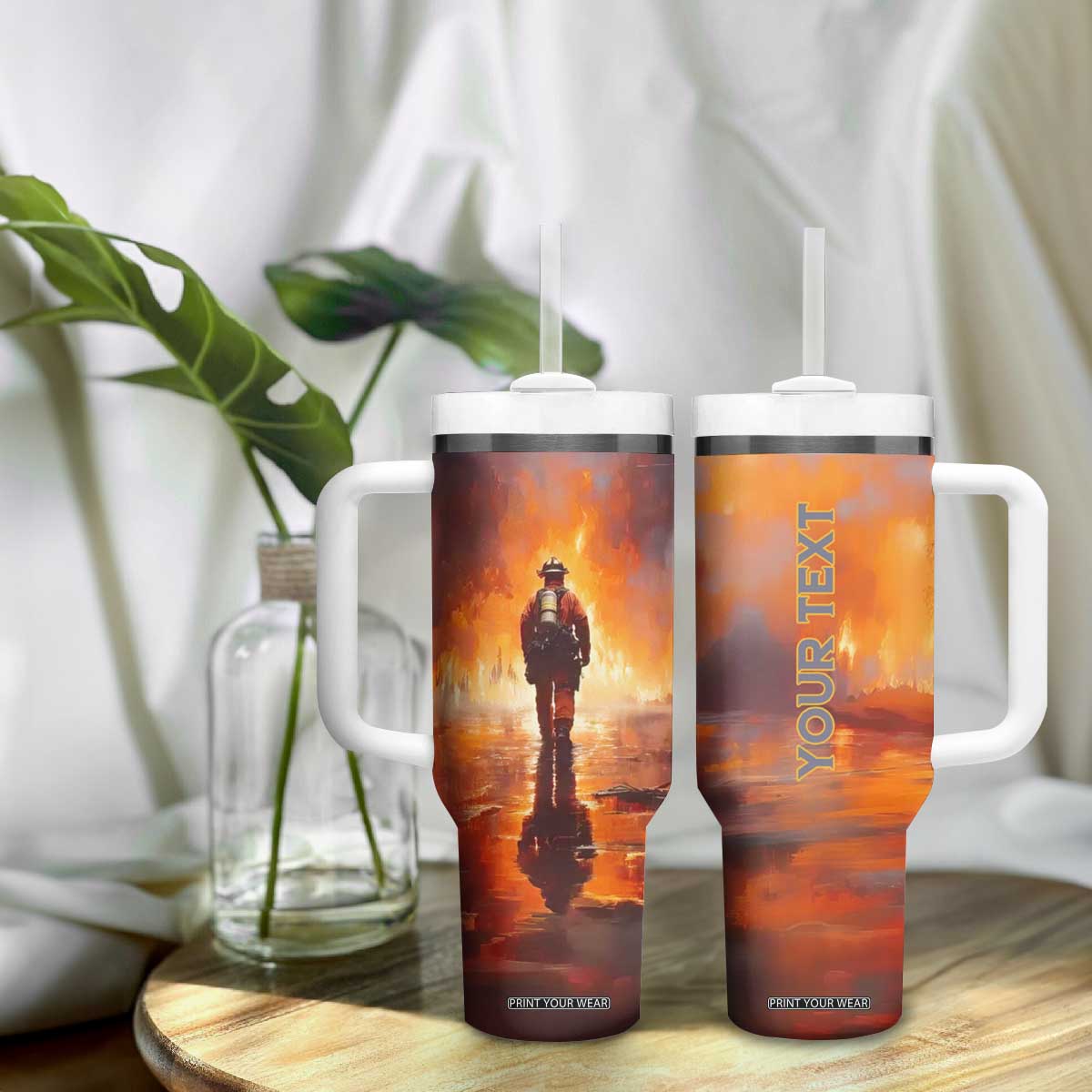 Firefighter Walking Through Fire Tumbler With Handle Personalized TS04 Print Your Wear