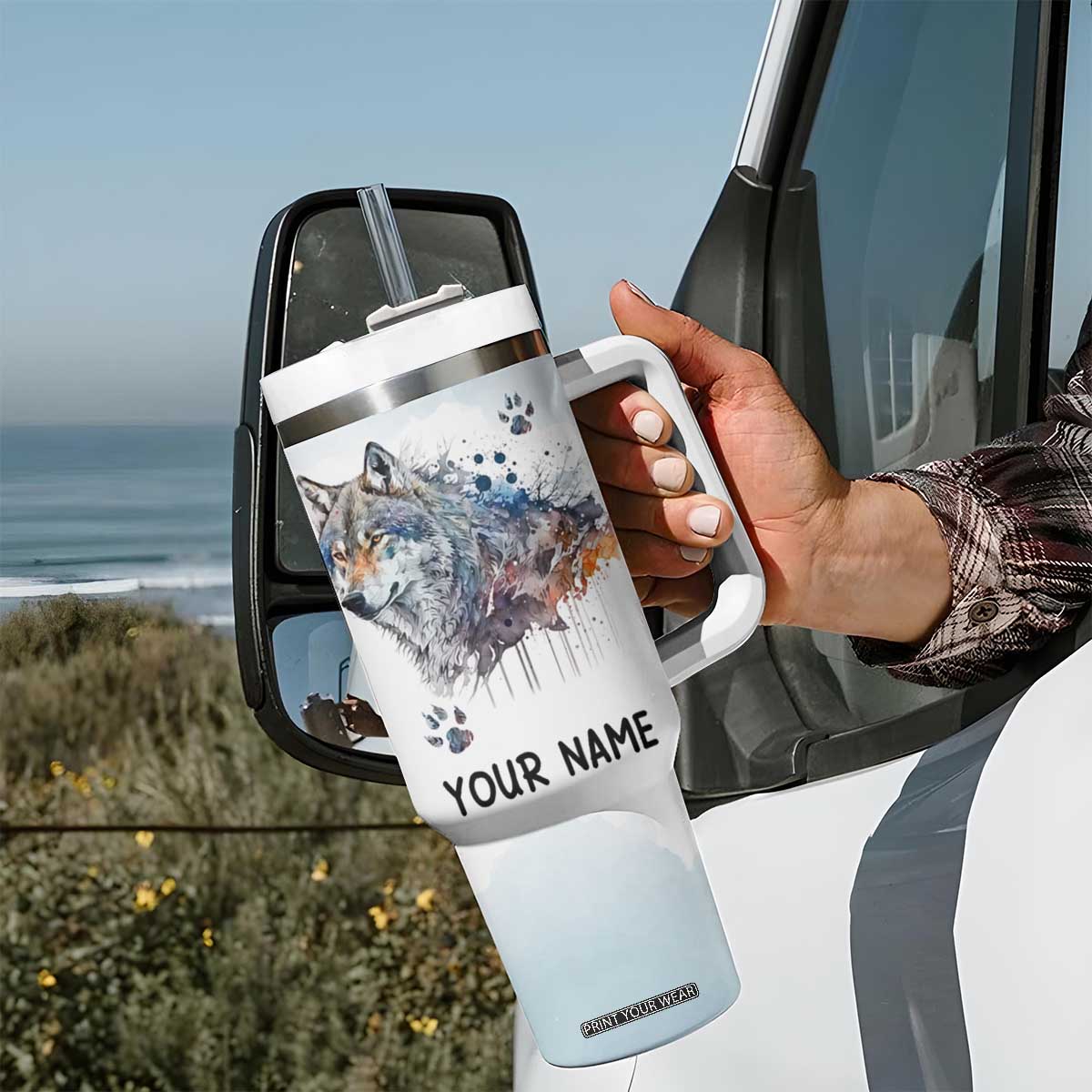 Wisdom From A Wolf Tumbler With Handle Personalized TS04 Print Your Wear