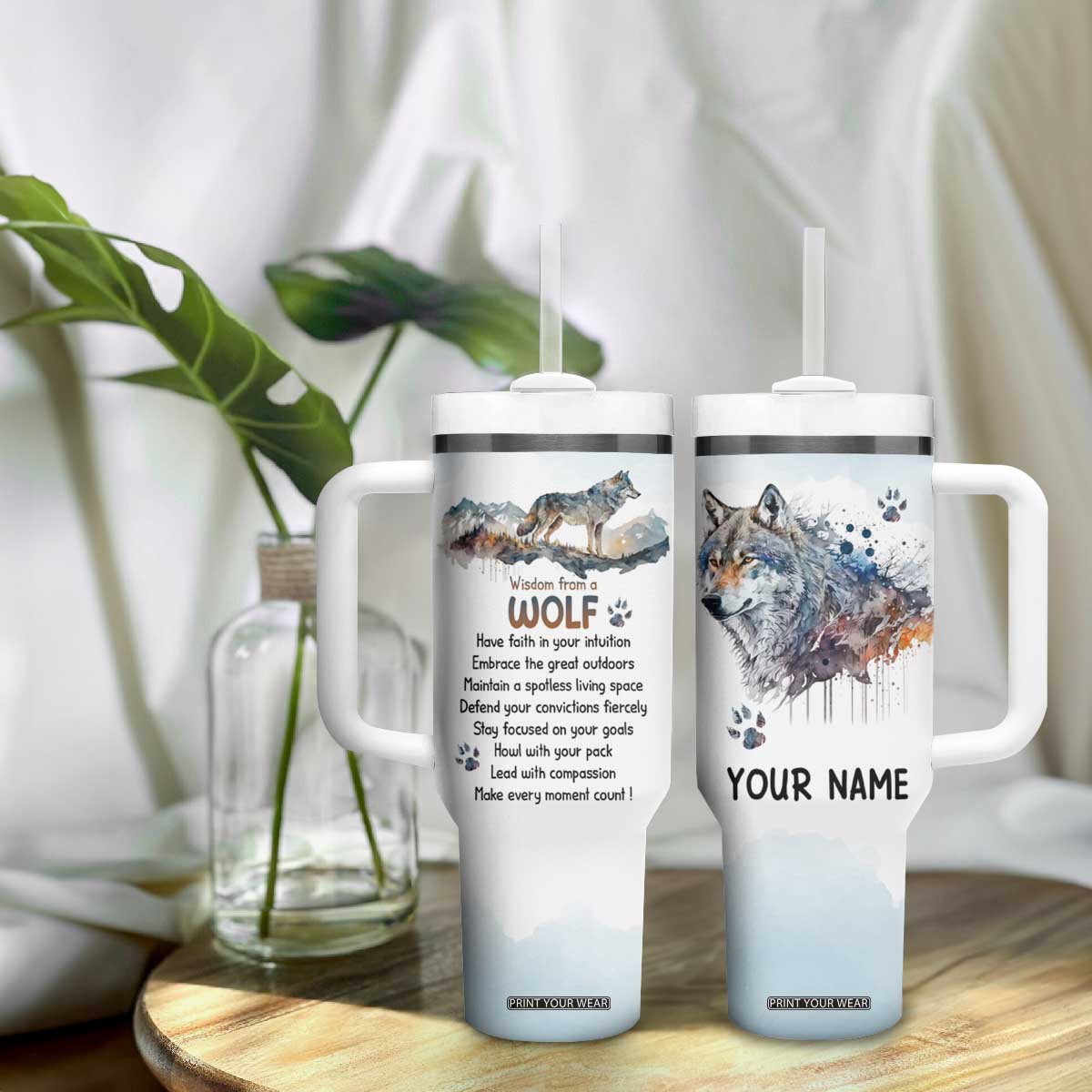 Wisdom From A Wolf Tumbler With Handle Personalized TS04 Print Your Wear