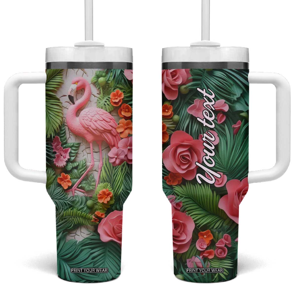 Flamingo Plaster Carving Tumbler With Handle Personalized TS04 One Size: 40 oz Multicolor Print Your Wear