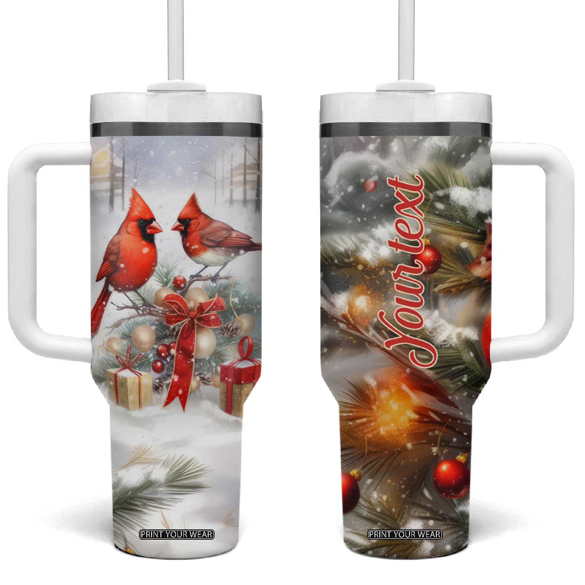 Cardinals Christmas Art Tumbler With Handle Personalized TS04 One Size: 40 oz Multicolor Print Your Wear